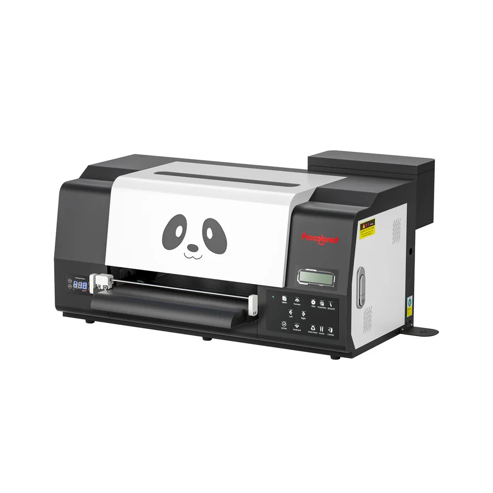 Angled side-front view of the dual head dtf printer showing film roller, control keys and side carry handle