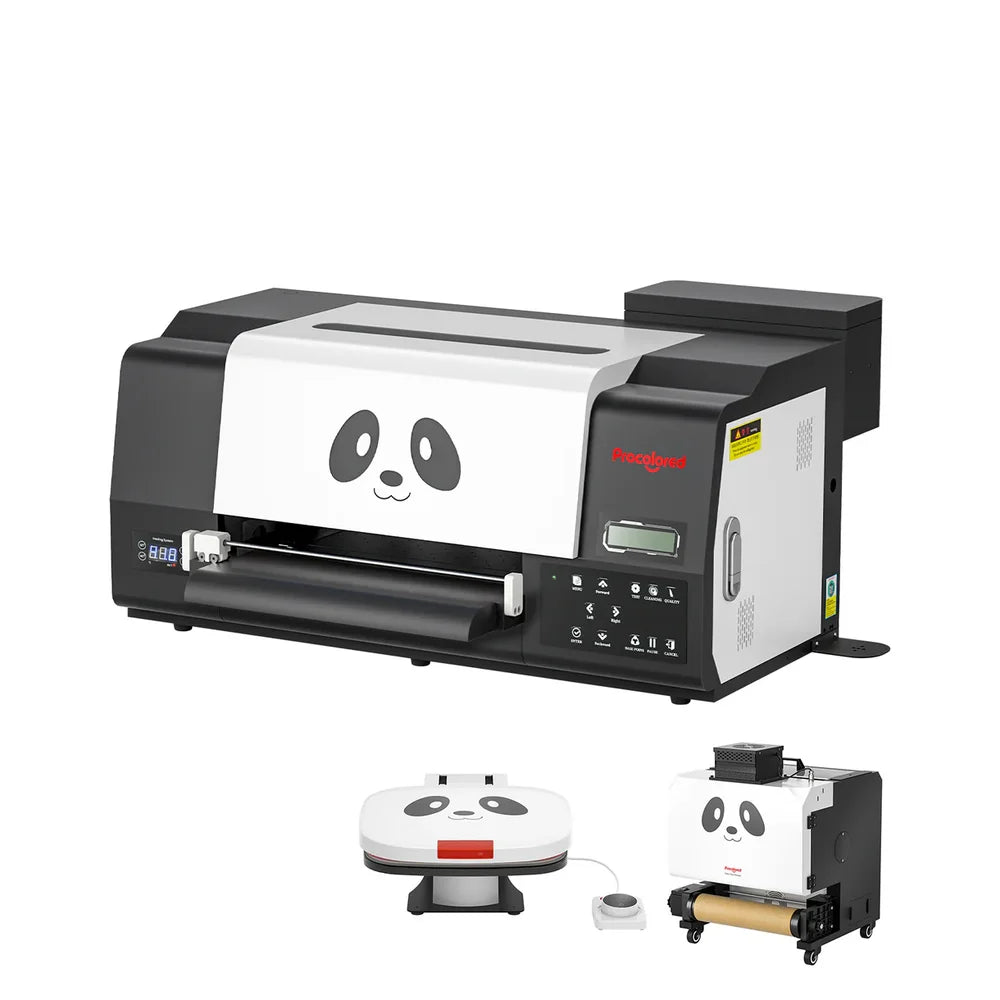 F13 pro panda printer shown with inset heat press and powder shaker accessories on white studio background