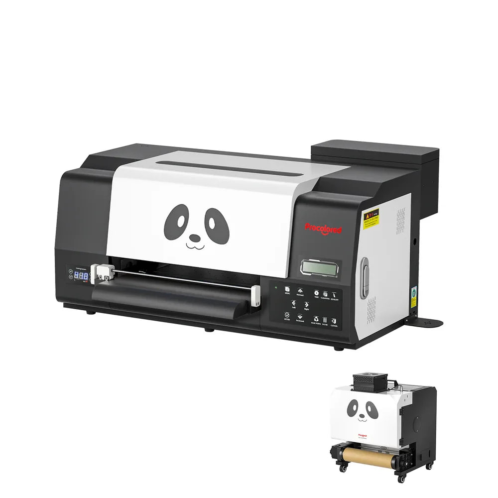 Front-angled panda printer view featuring a dual head dtf printer thumbnail of powder shaker and dryer unit below