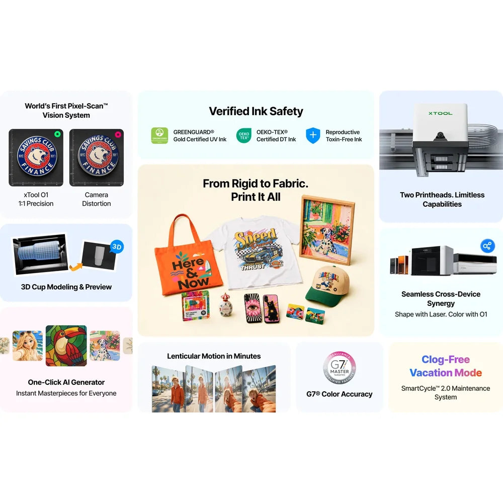 Desktop feature overview for the xTool O1 Omni Printer 4-in-1 covering scanning, inks, color, and media