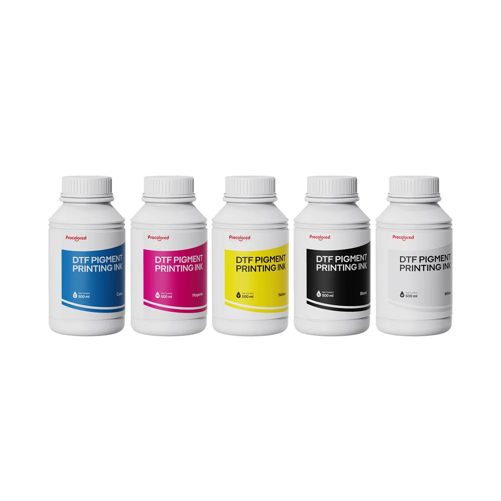Cyan, magenta, yellow, black, and white bottles of Procolored 500ml Direct to Film Ink in one row