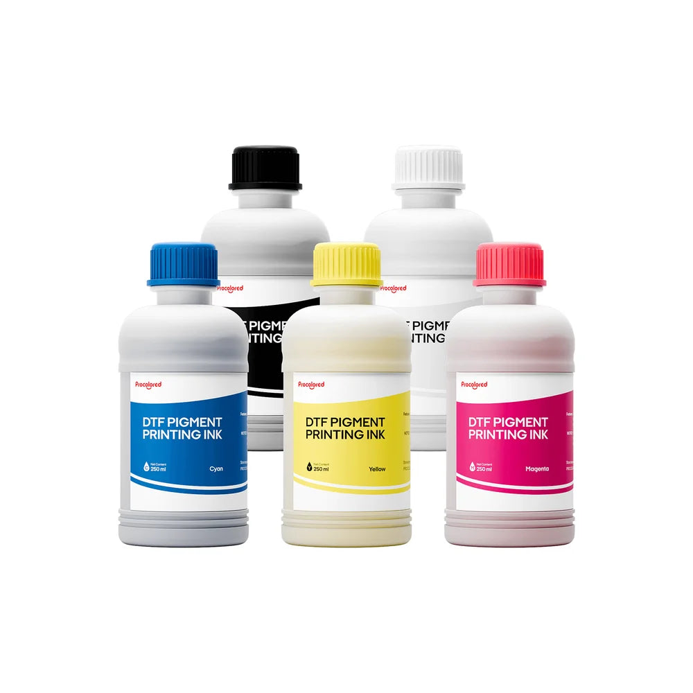 Five 250 ml bottles of Procolored Direct to Film Ink in cyan, magenta, yellow, black, and white