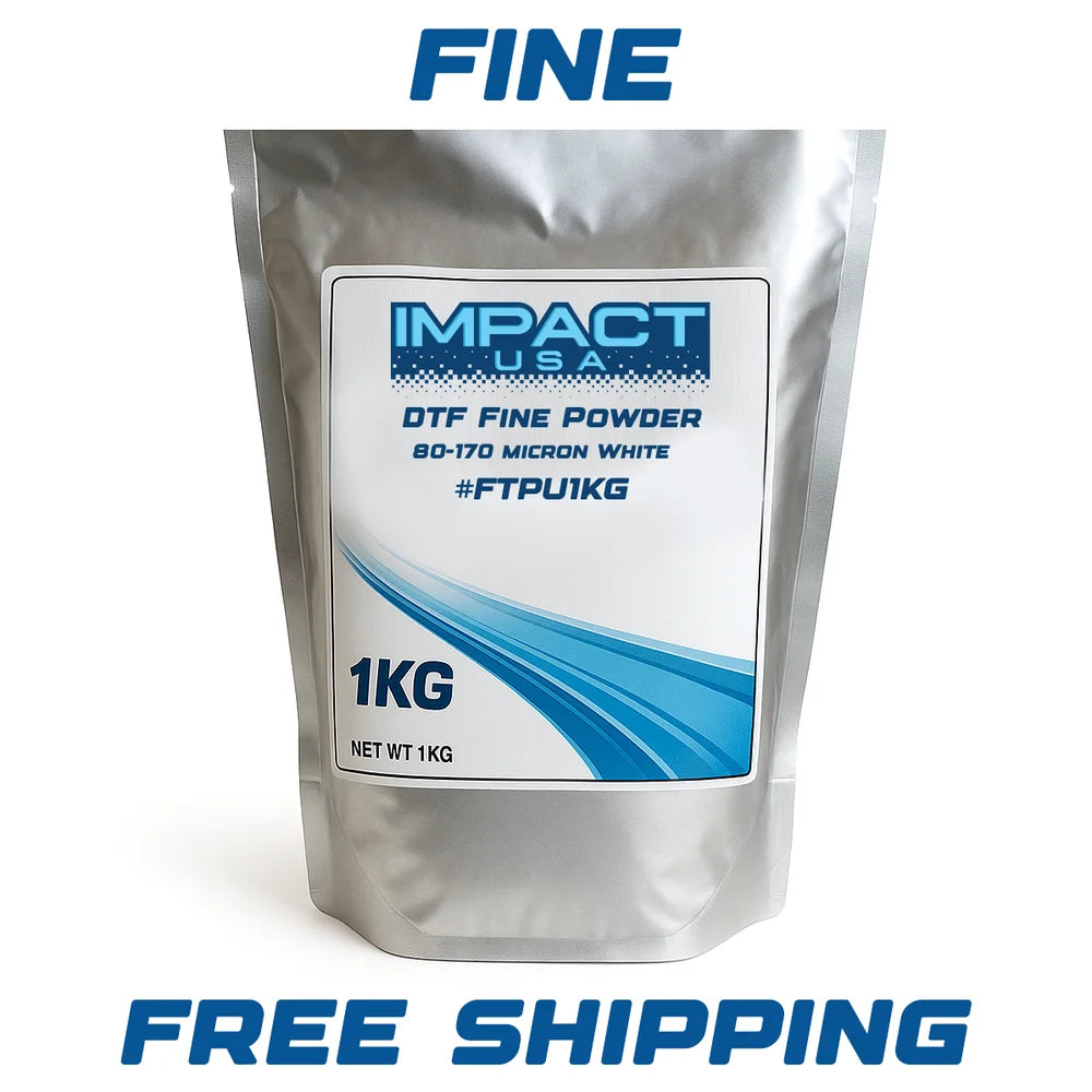Front pouch of Inkjet Parts Impact Fine TPU DTF Hot Melt Powder 1kg labeled 80–170 micron white