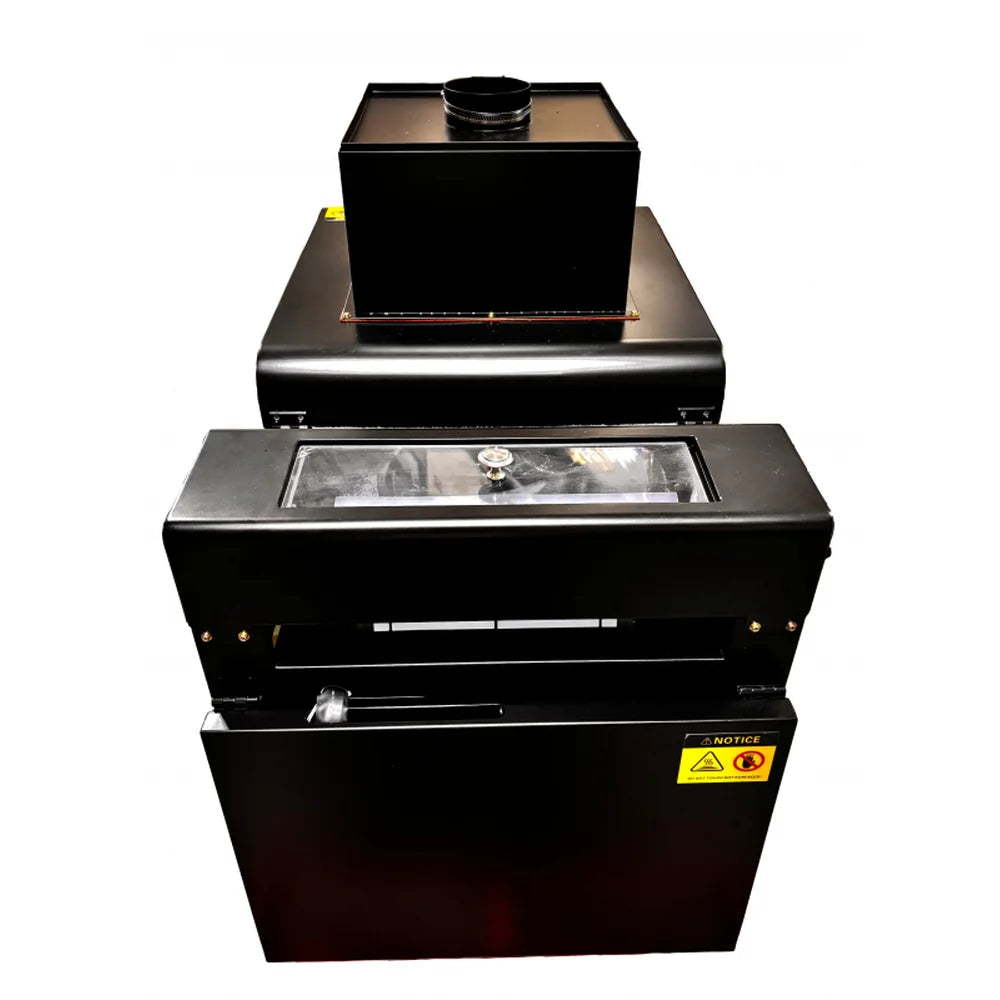 Film entry end with clear powder hopper window and purifier box behind on the UNINET DTF Powder Applicator in black finish