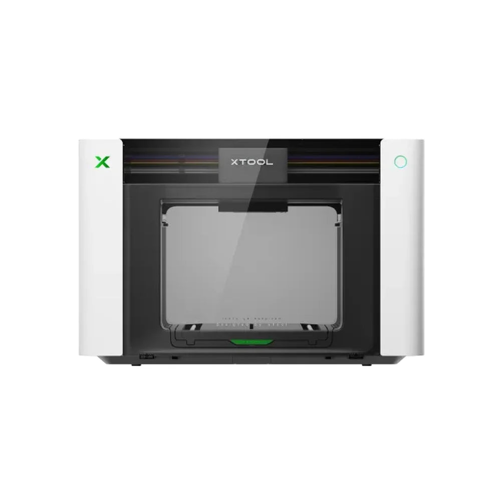 Straight-on xTool O1 Omni UV Printer with black enclosure, white side panels, and standard print bed