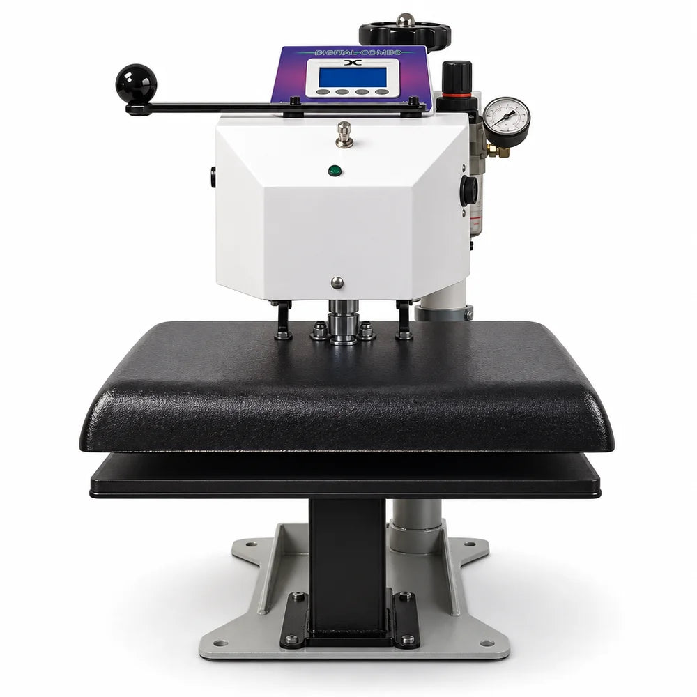 Straight on front view of the Geo Knight DC16AP Pneumatic Heat Press Machine with the heater lowered over the table