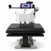 Straight on front view of the Geo Knight DC16AP Pneumatic Heat Press Machine with the heater lowered over the table