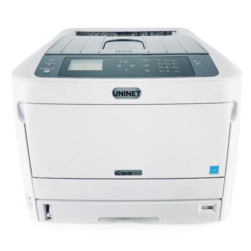 Straight-on front view of the IColor 650 White Toner Transfer Printer with control panel and paper tray