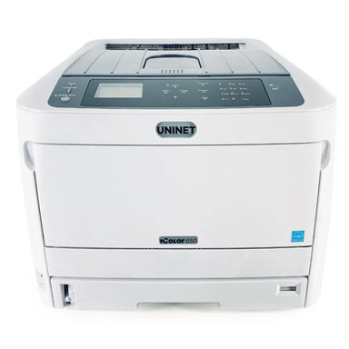 Straight-on front view of the IColor 650 White Toner Transfer Printer with control panel and paper tray