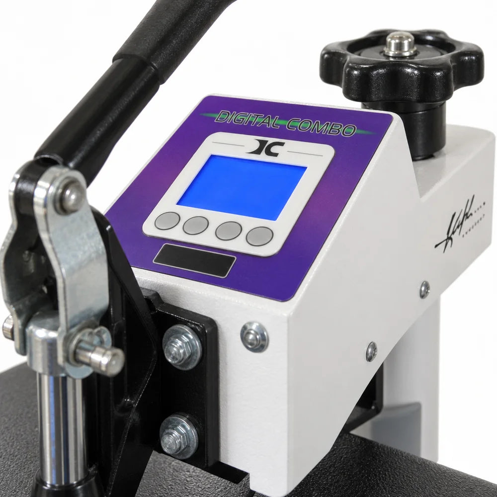 Blue LCD screen and four control buttons beside the pressure knob of the Geo Knight DC16 Swing Away Heat Press Machine