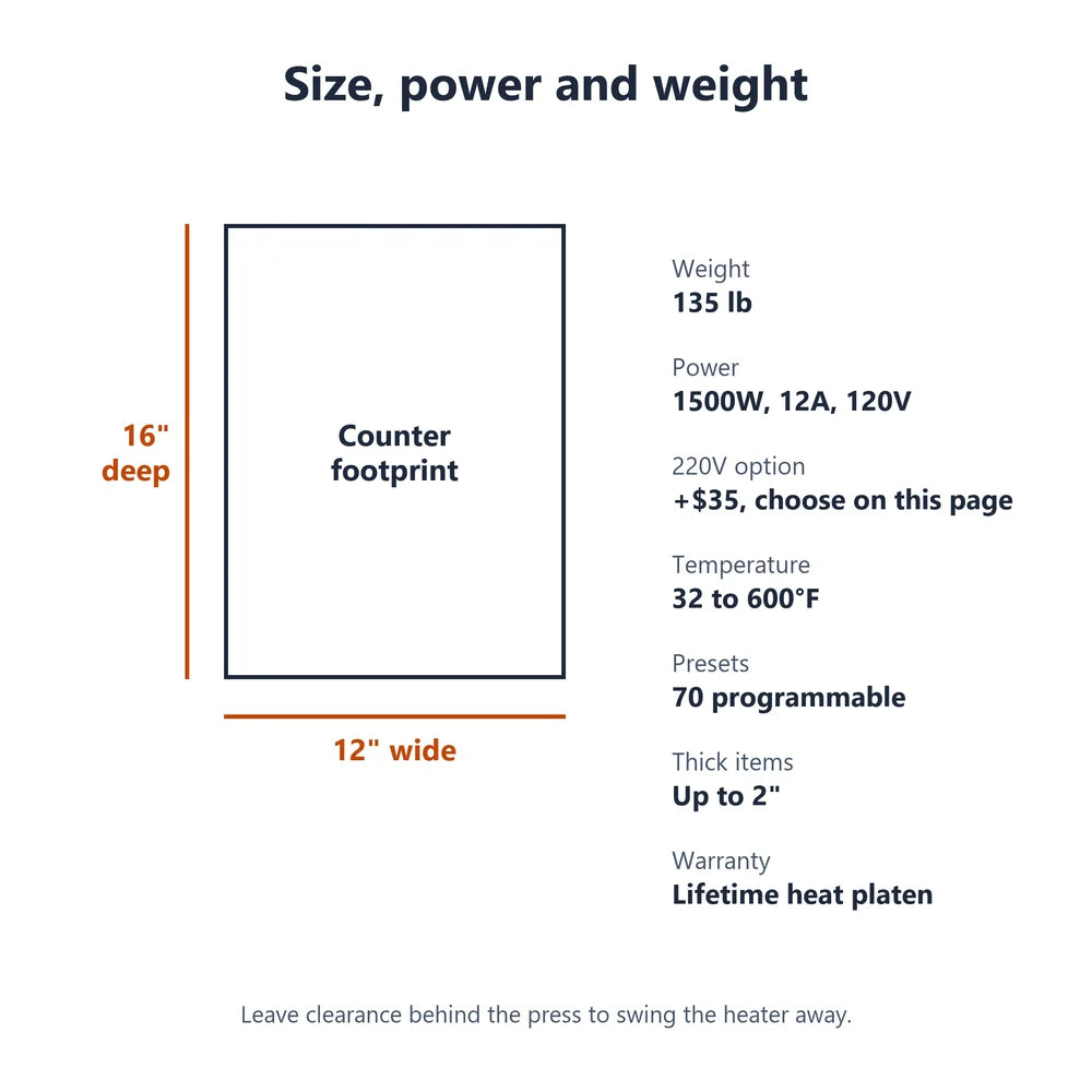 Counter footprint of 16 by 12 inches, 135 lb weight and 1500W power for the Geo Knight DC16 Digital Combo Heat Press Machine