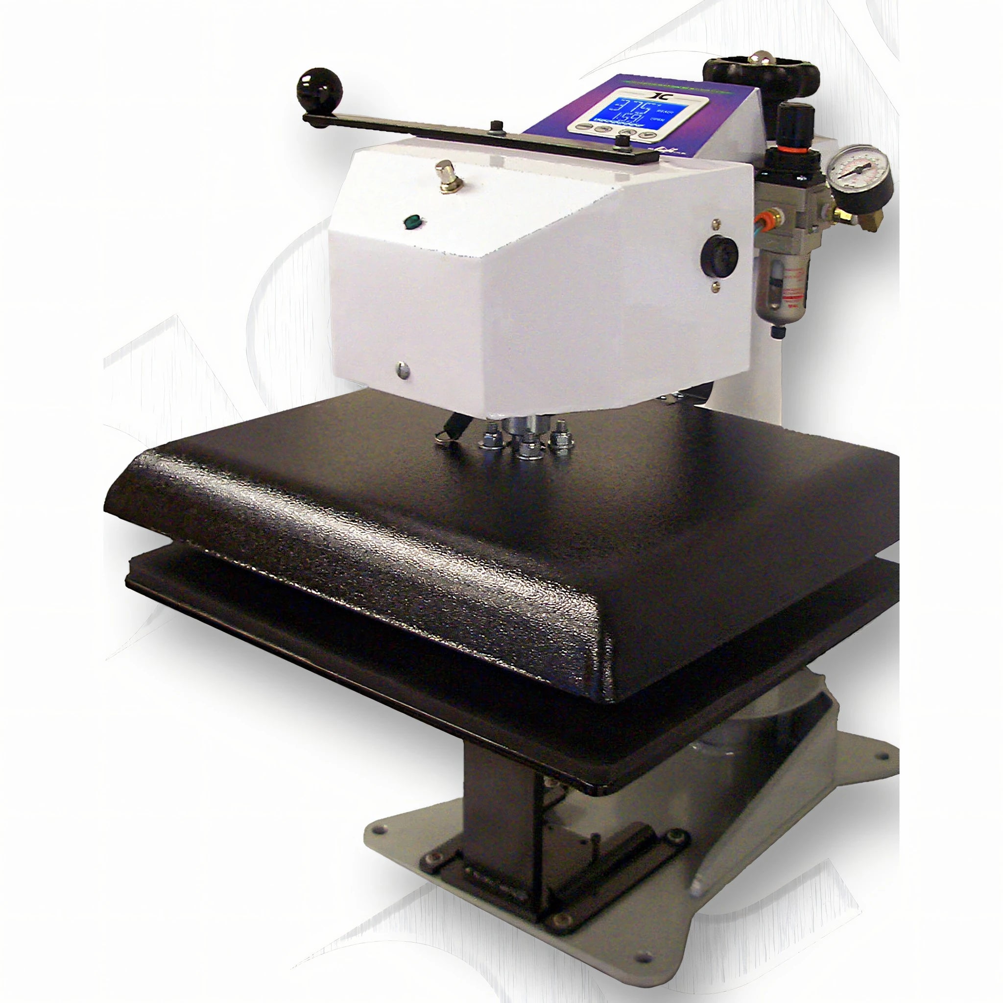 Geo Knight DC16AP Air Operated Heat Press shown closed with gauge and controller