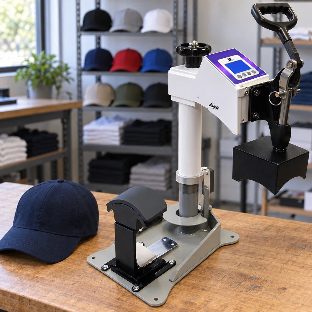 Print shop workbench holding the Geo Knight DC7 Hat Press Machine beside a navy cap with shelves of hats behind it
