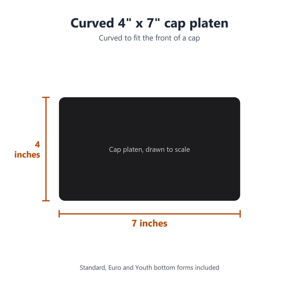Scale drawing of the curved 4 by 7 inch cap platen on the Geo Knight DC7 Heat Press Machine with three forms noted
