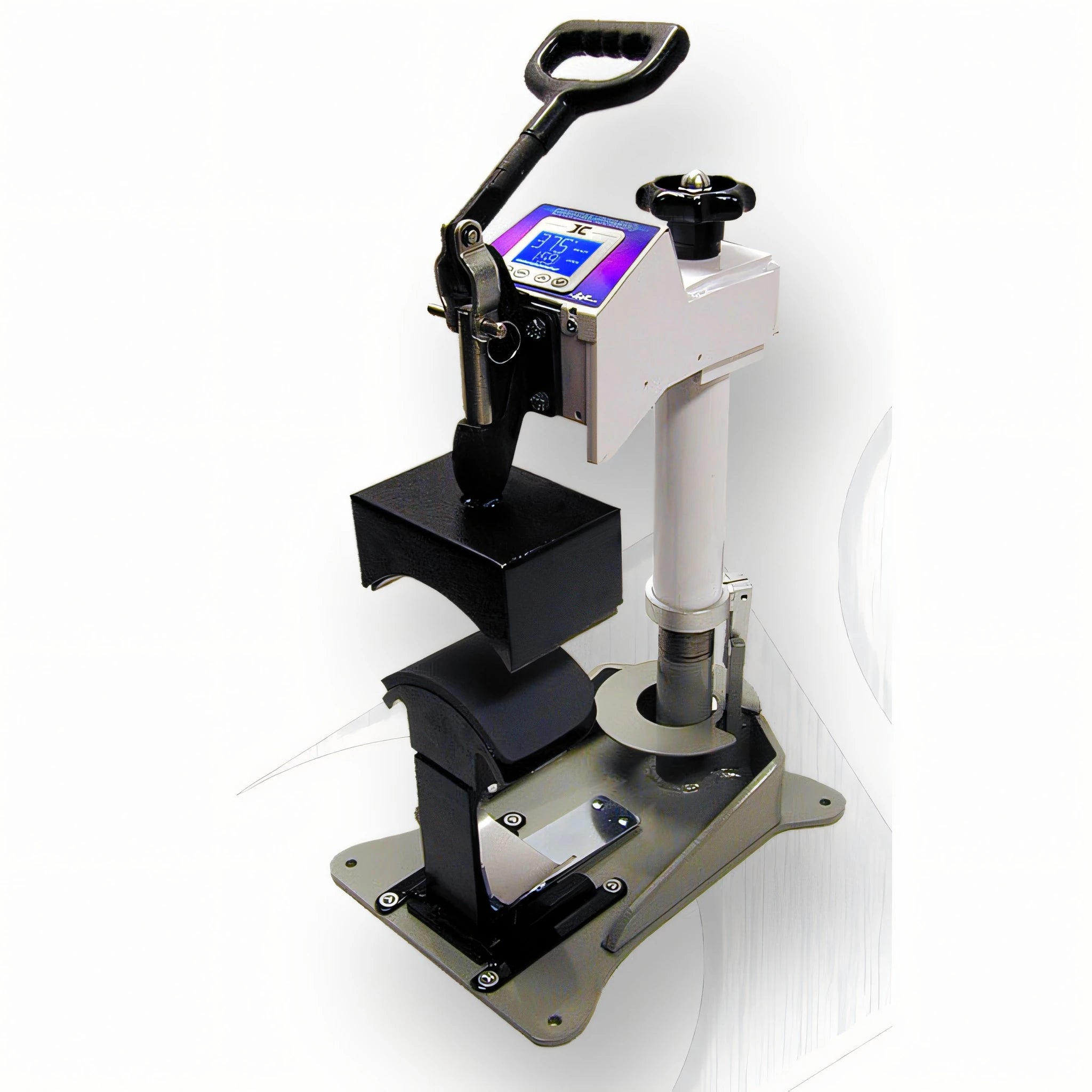 Angled photo of the Geo Knight DC7 Swing Away Heat Press Machine with raised cap platen