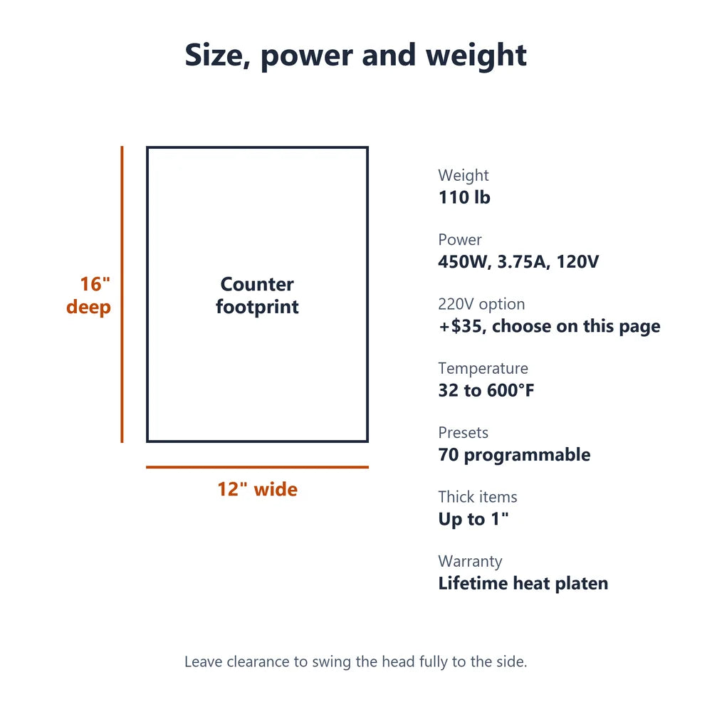 Footprint, weight and power chart for the Geo Knight DC7 Cap Heat Press Machine listing 16 by 12 inches and 110 lb