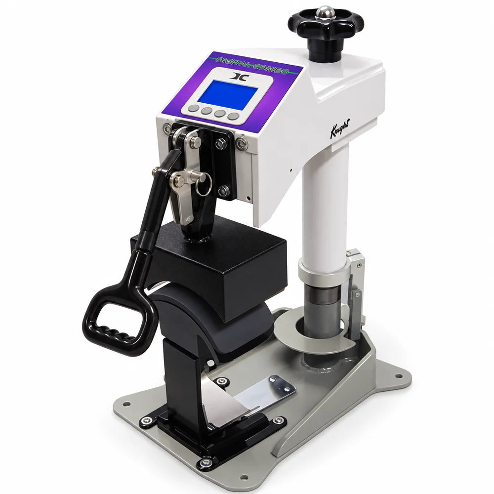 Closed pressing position on the Geo Knight DC7 Cap Heat Press Machine with handle lowered onto the curved lower form