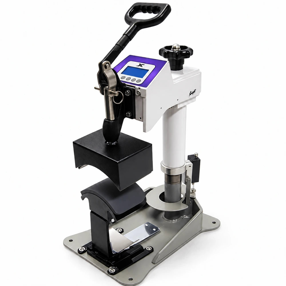 Angled front view on white of the Geo Knight DC7 Hat Press Machine with handle up and curved upper platen raised