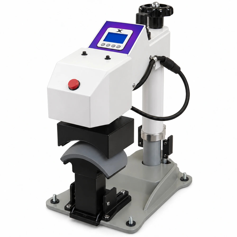 Angled front view of the Geo Knight DC7AP Heat Press Machine with its curved platen lowered over the cap form