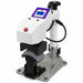 Angled front view of the Geo Knight DC7AP Heat Press Machine with its curved platen lowered over the cap form
