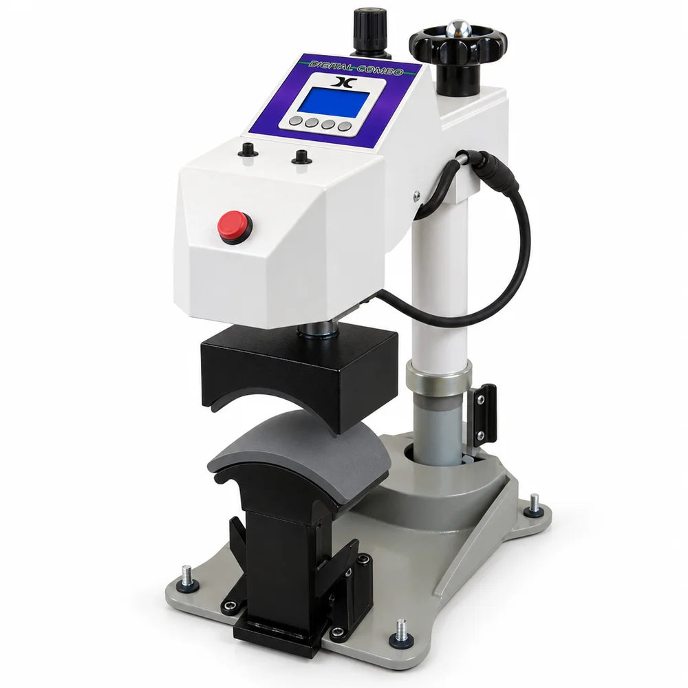 Raised platen above the cap form on the Geo Knight DC7AP Cap Heat Press Machine, angled white background view