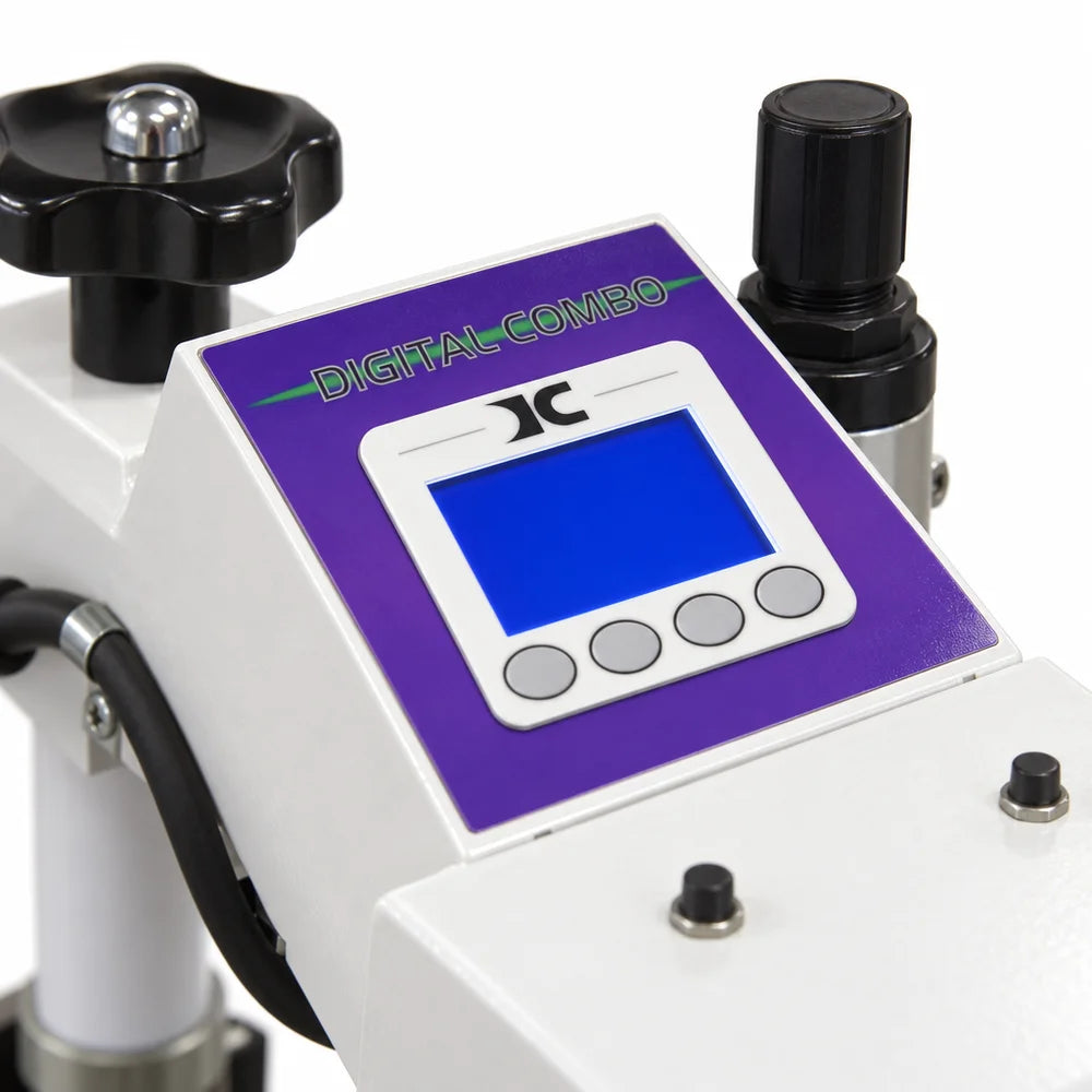 Blue LCD screen and four buttons on the Geo Knight DC7AP Air Operated Heat Presses digital control panel