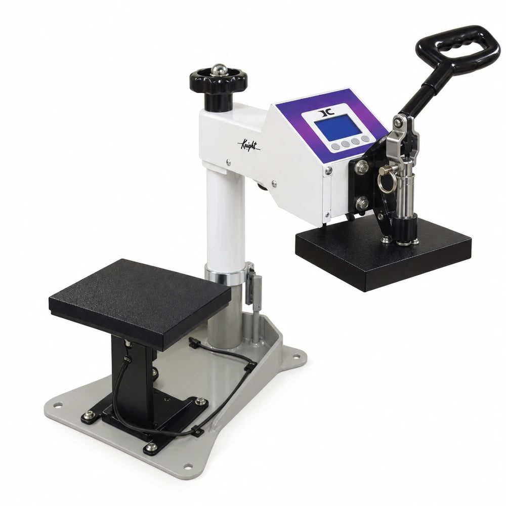 Heat platen swung aside to open the lower table on the Geo Knight DC8 Label Heat Press Machine for easy loading