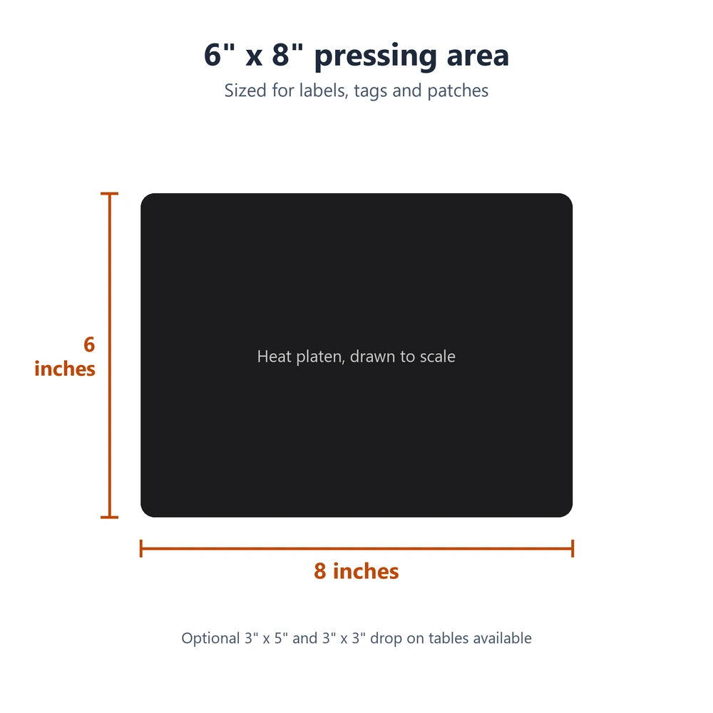 Scale drawing of the six by eight inch pressing area on the Geo Knight DC8 Transfer Press Machine for labels and patches