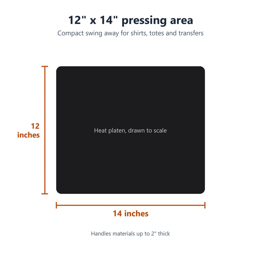 Scale drawing of the 12 by 14 inch platen on the Geo Knight DK14S Heat Press Machine, rated for items up to 2 inches