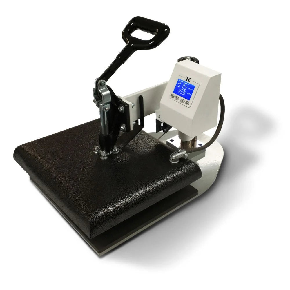 Geo Knight DK14S Heat Press Machine photographed at an angle with blue LCD reading 375 degrees and closed platen