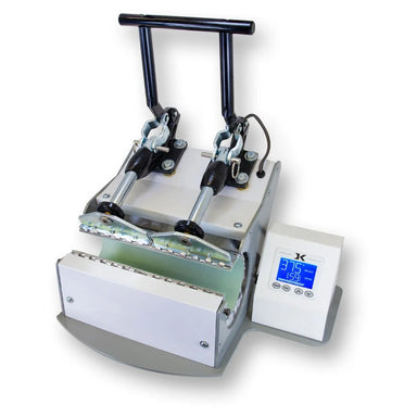 Front angle of the dk3d mug press with twin clamp arms, dual heater stations and digital control panel showing 375 degrees