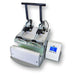 Front angle of the dk3d mug press with twin clamp arms, dual heater stations and digital control panel showing 375 degrees