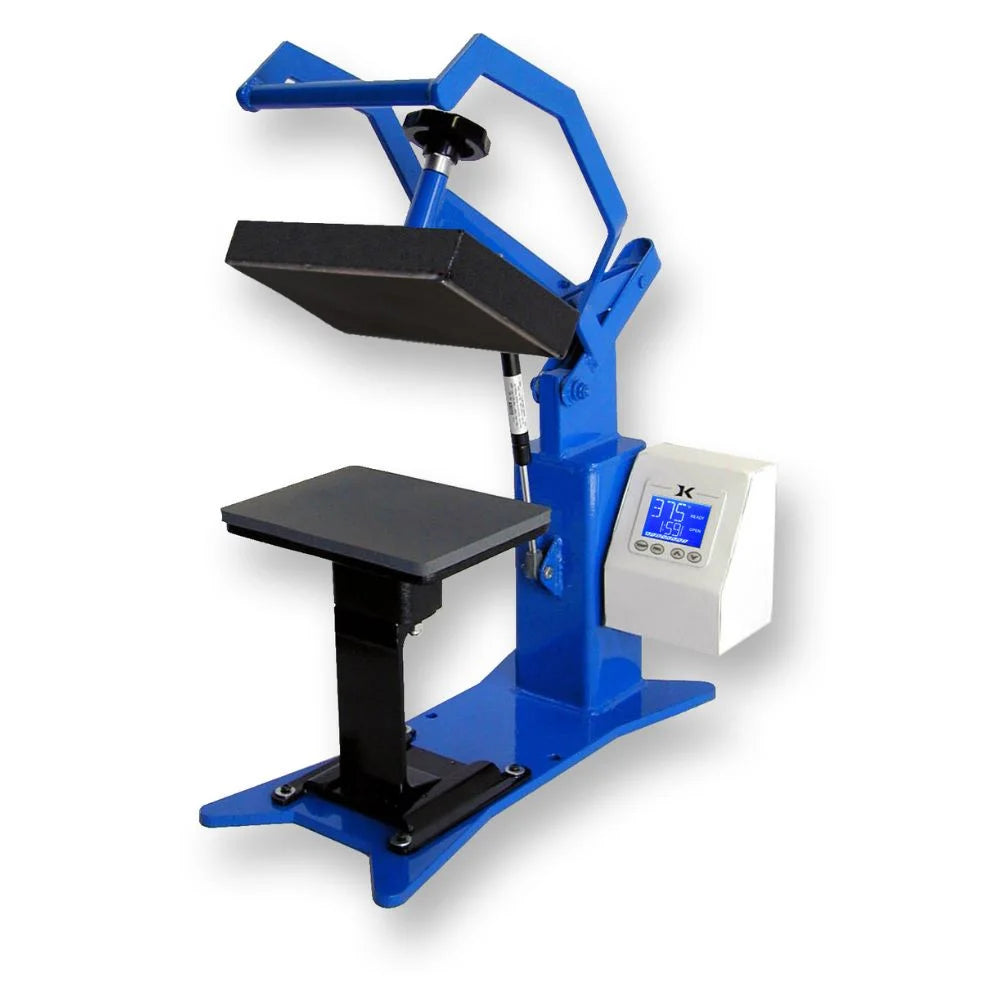 Blue and black dk8 label press with tall pedestal, raised heat platen, and white digital control module screen