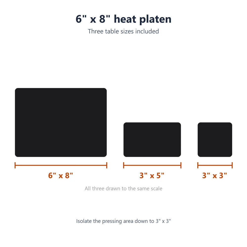 Scale chart of the 6x8, 3x5 and 3x3 inch tables included with the Geo Knight DK8T Small Platen Heat Press Machine