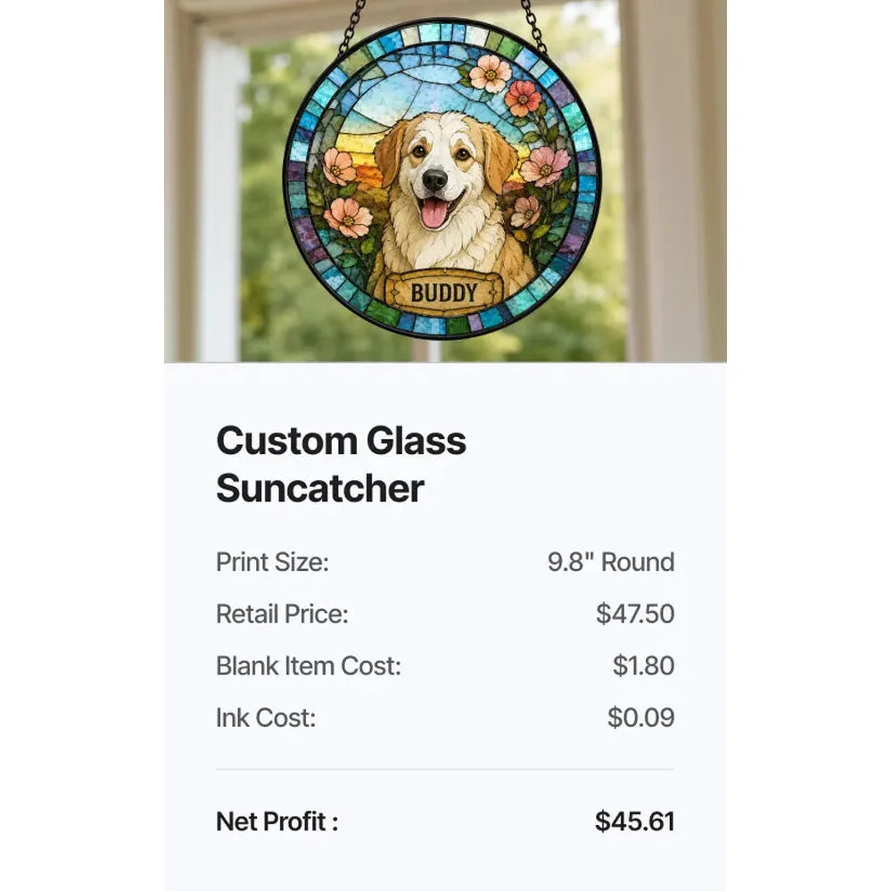 Round dog-themed glass suncatcher sales example made with the xTool O1 Omni Printer