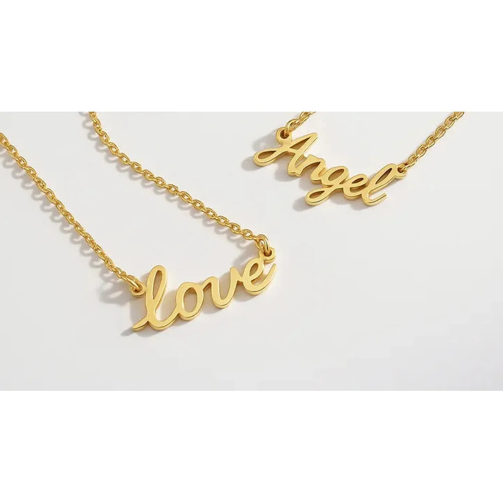 Gold love and Angel name necklaces presented as xTool F2 Ultra UV metal cutting samples