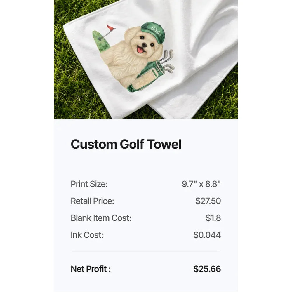 Custom golf towel sales example printed with the xTool O1 Omni Printer and listed production costs