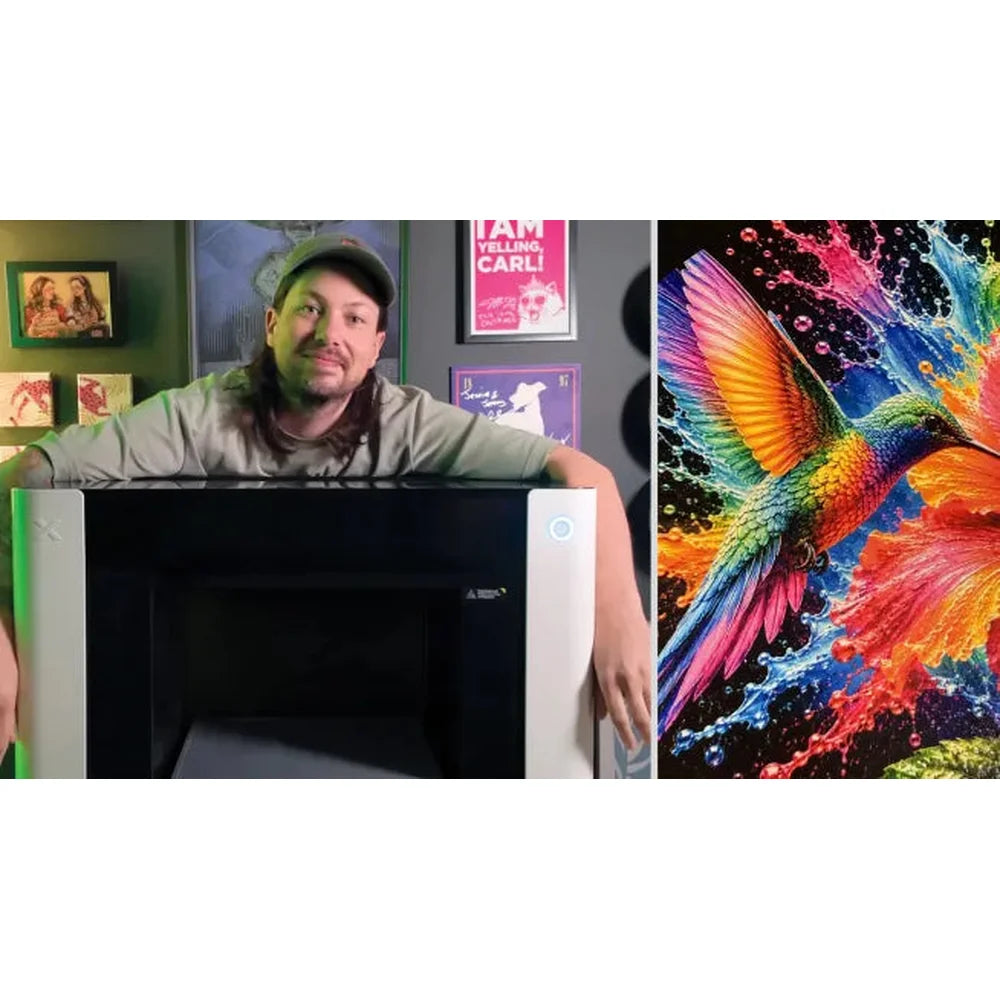 Alternate maker view with vivid hummingbird art beside the xTool O1 Omni Printer
