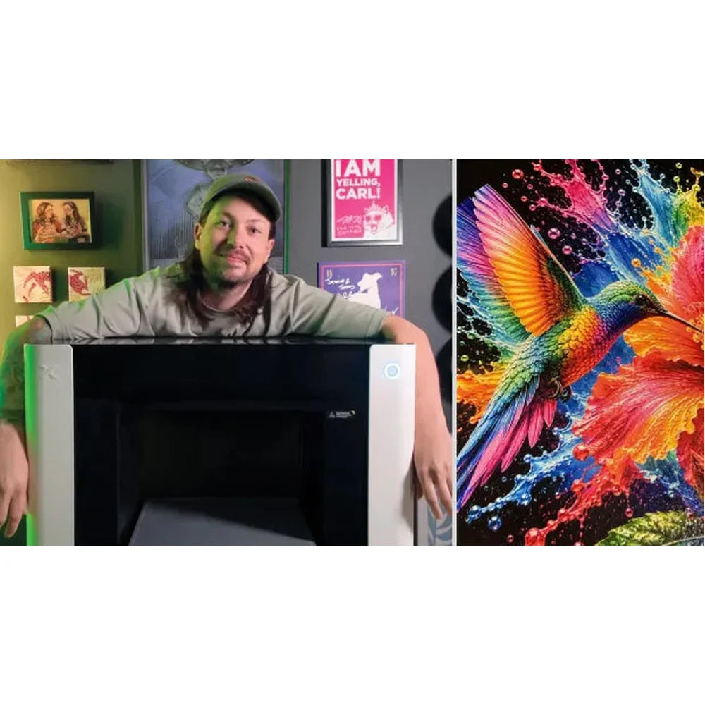 Maker with the xTool O1 Omni Printer beside a vivid multicolor hummingbird artwork sample