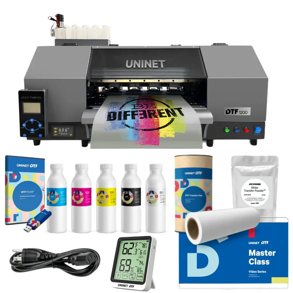 Full bundle shot of the uninet 1200 dtf printer with ProRIP software, inks, film roll, powder, hygrometer and Master Class kit