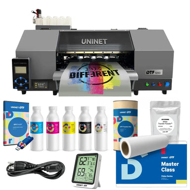 Full bundle shot of the uninet 1200 dtf printer with ProRIP software, inks, film roll, powder, hygrometer and Master Class kit