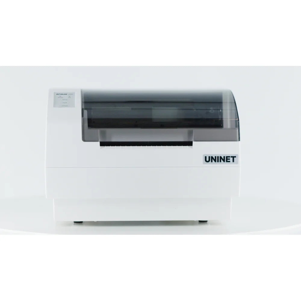 Straight front view of the white IColor 250 UNINET Label Printer with tinted cover and output slot