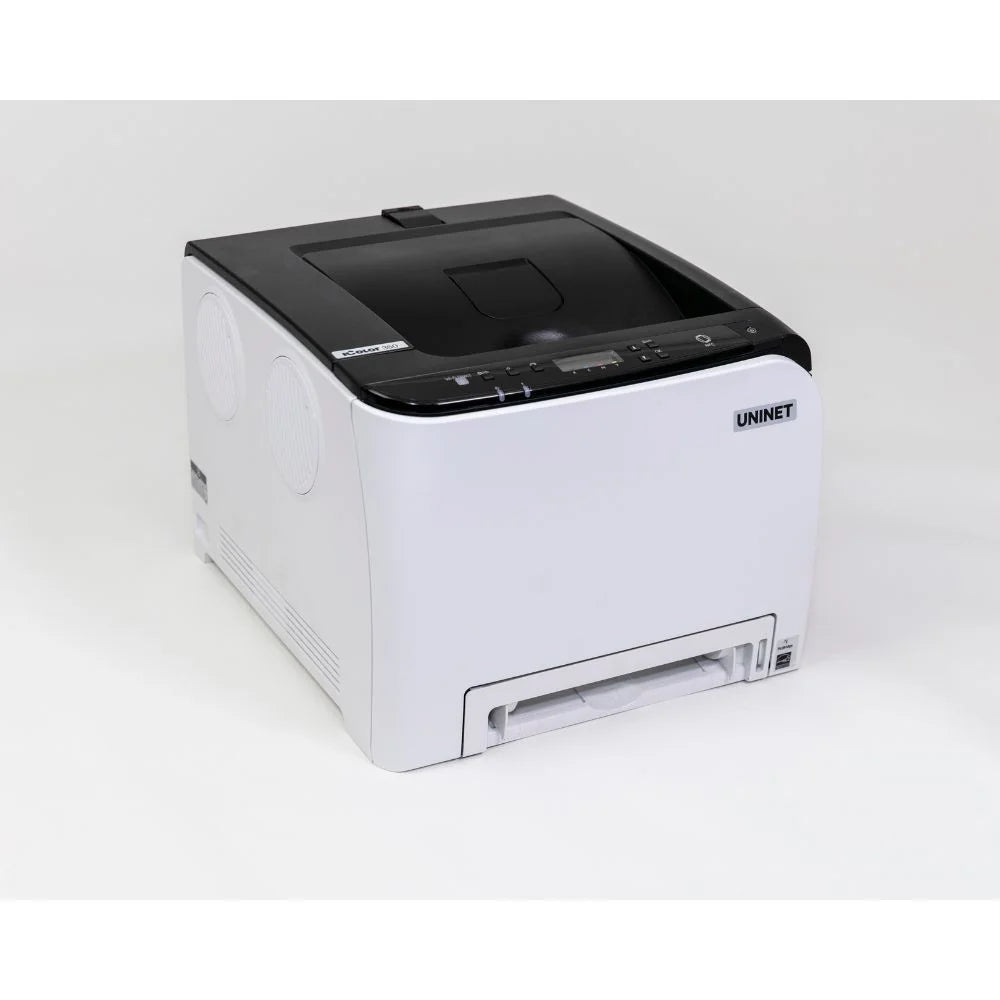 Front-right angled view of the icolor 350 sublimation printer showing the paper cassette and UNINET branding on a white background