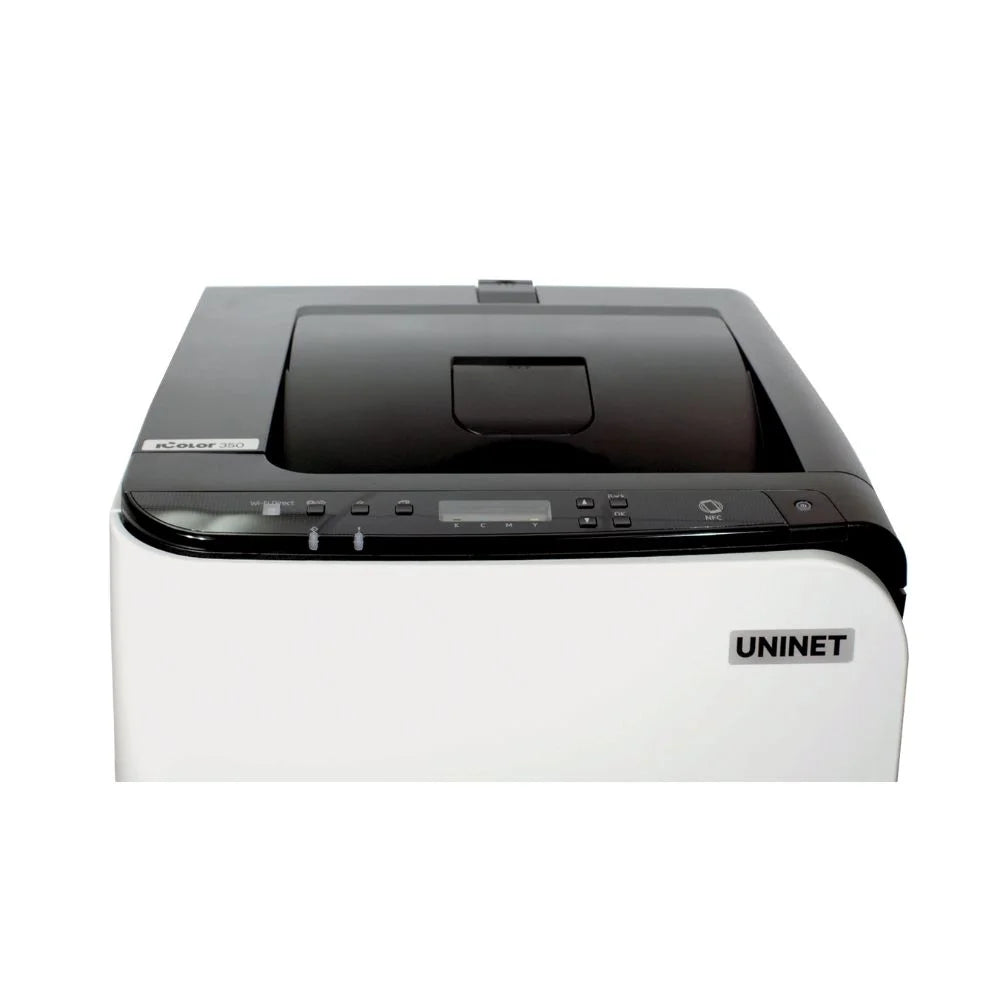 Close-up of the uninet icolor 350 printer control panel with LCD display, NFC tag and navigation buttons