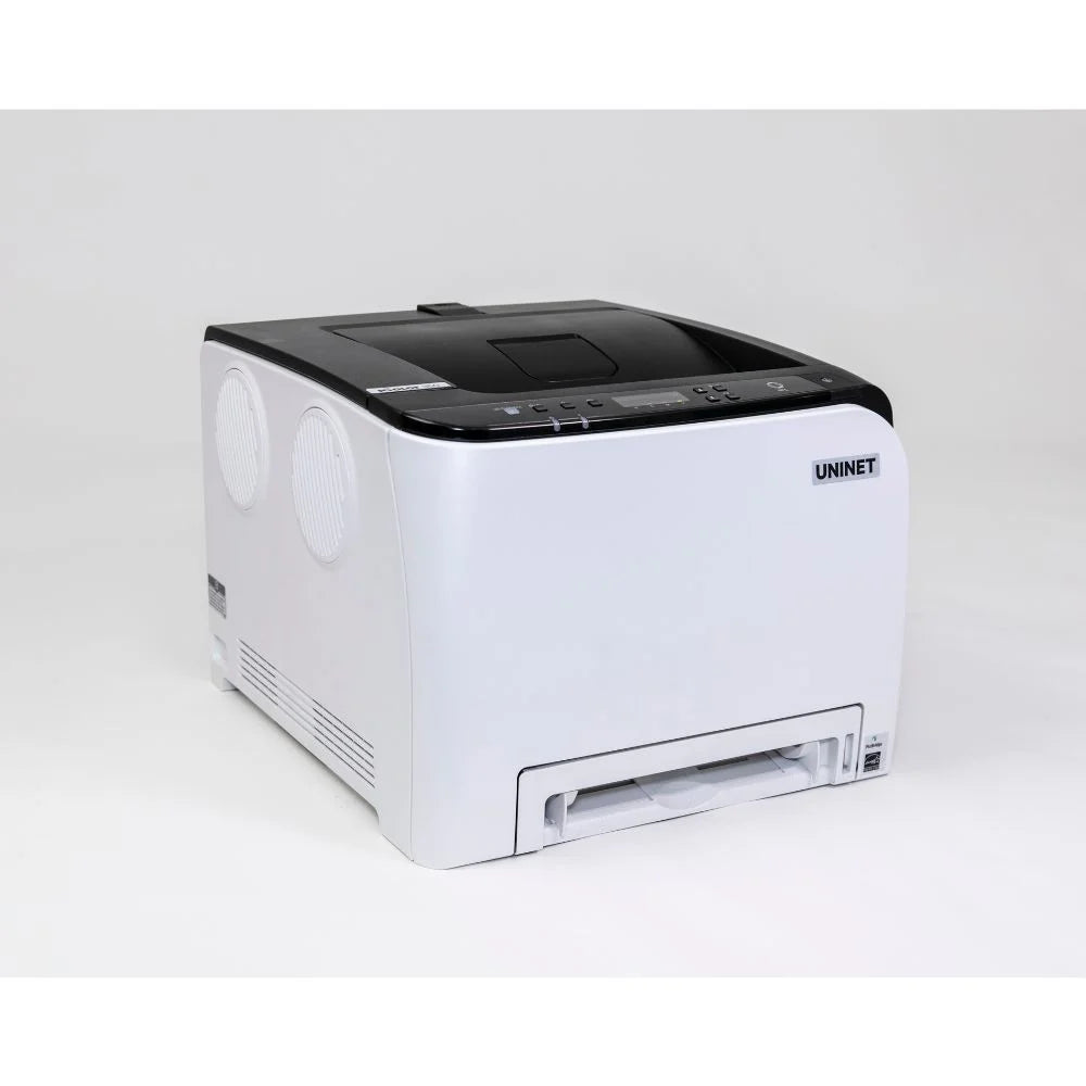 Slight side-angle front view of the uninet 350 printer in white and black finish on a clean studio background