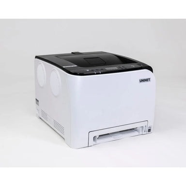 Slight side-angle front view of the uninet 350 printer in white and black finish on a clean studio background