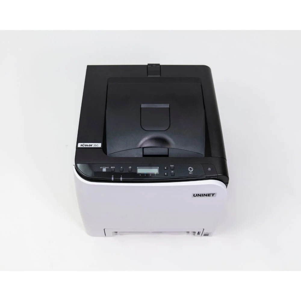 Top-front view of the icolor 350 sublimation printer with closed cover and empty output tray on a white background