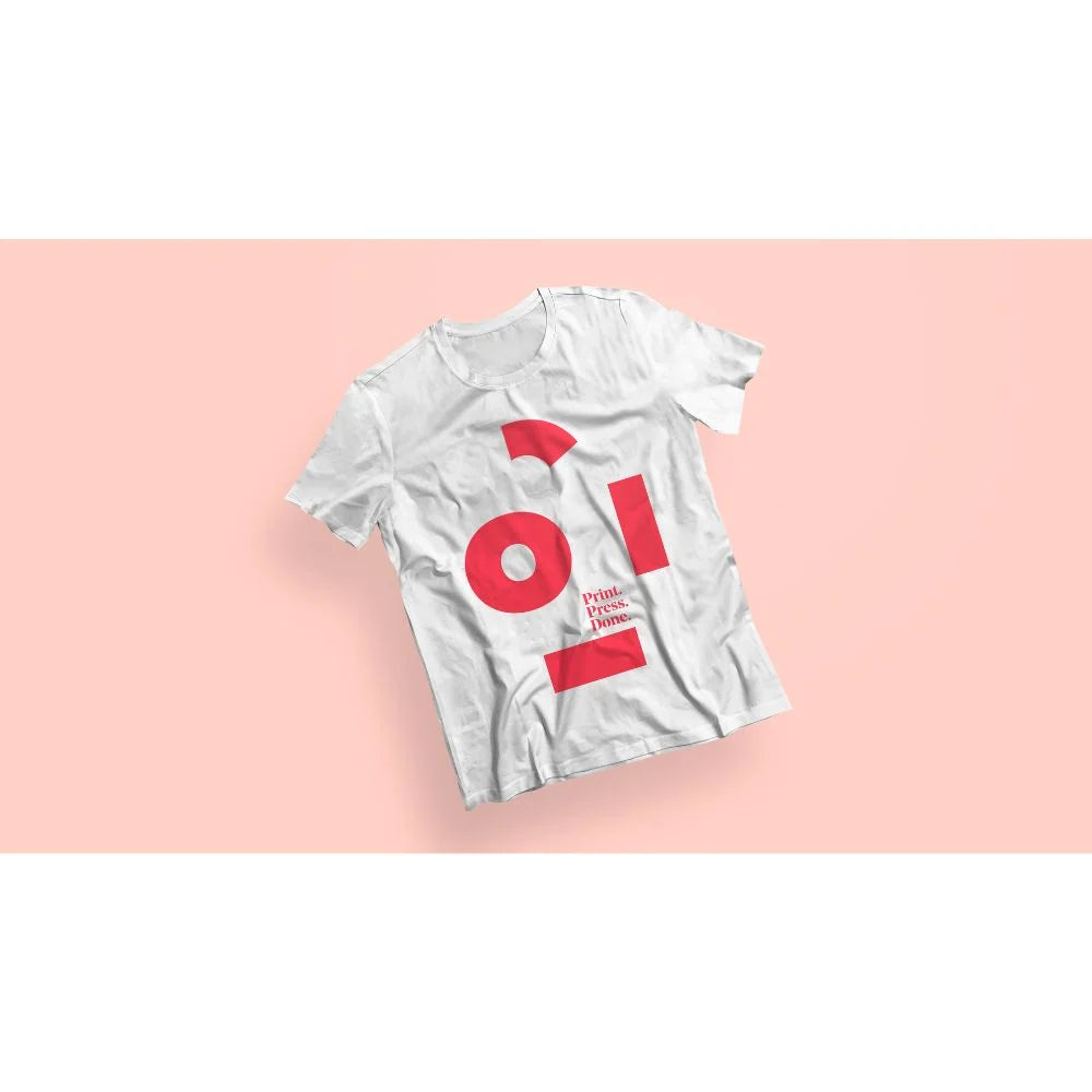 White crew-neck tee with a large red graphic and Print Press Done text showing the uninet icolor 350 printer results