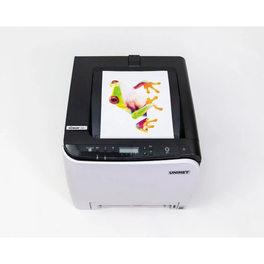 Top view of the icolor 350 printer control panel with Wi-Fi Direct and NFC buttons plus a printed frog transfer sheet