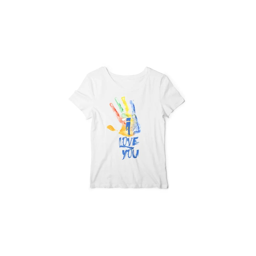 White polyester tee with a colorful handprint and I Love You text illustrating what the icolor 350 printer can produce